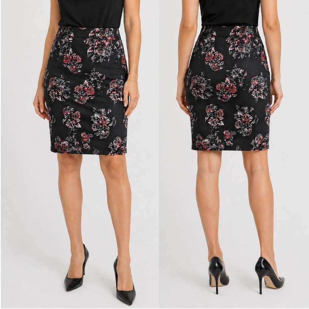 Halogen Pencil Skirt Black Floral Size 10 Pink Grey Stretch Career Knee Length